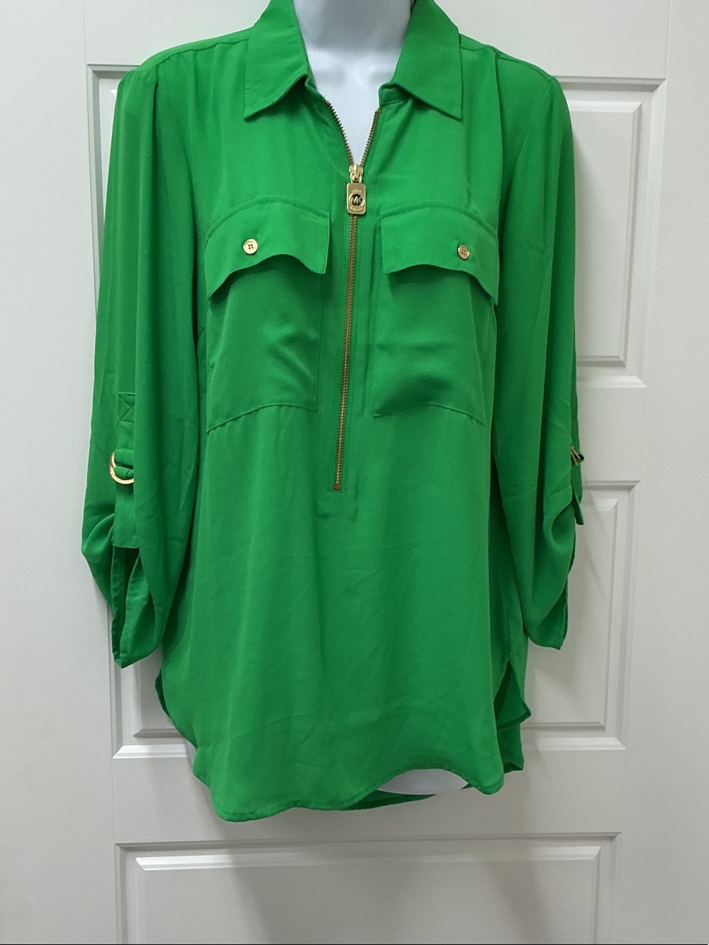 Michael Kors Green Zip-Front Blouse with Pocket Flap Detail